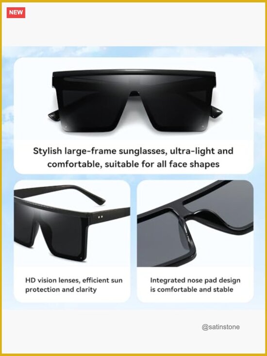 Oversized Square Sunglasses with UV400 Protection, Flat Top Black Frame Shades main image 6